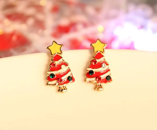 Christmas Tree Stud Earrings Korea Fashion Exquisite Diamond Cute Christmas Gift 20mm 5g Alloy + Enamel Rhinestone