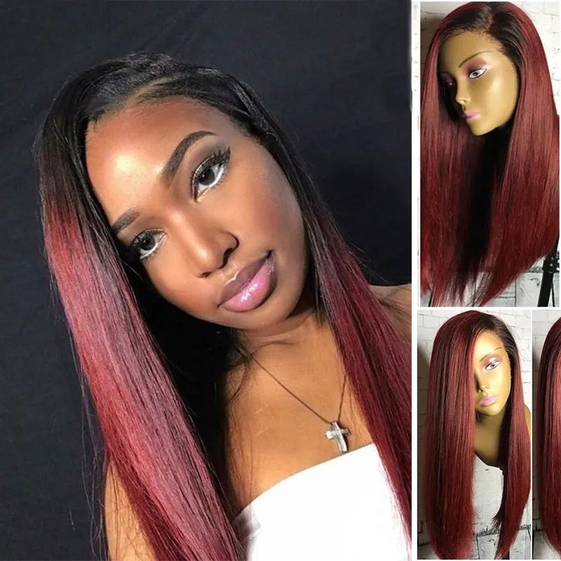 1B 99j Ombre Human Hair Straight Full Lace Wig For Black  display picture 2