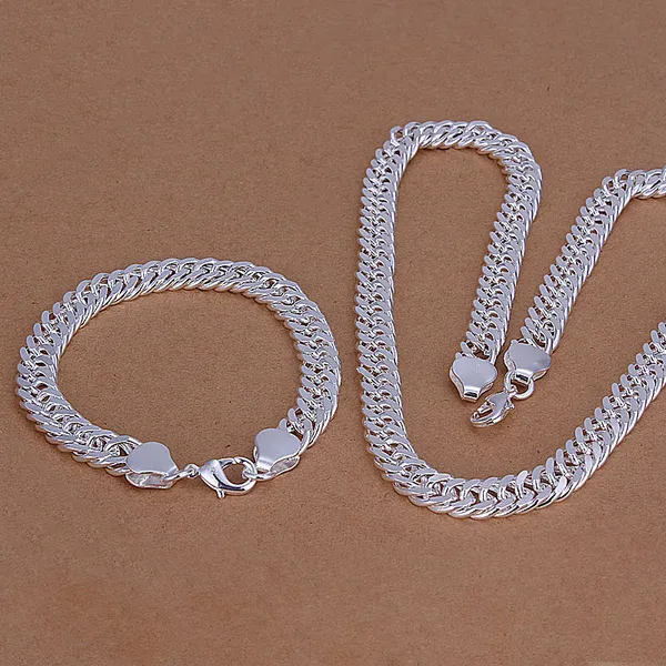 925 Sterling Silver Men's Necklace and Bracelet Set with Crystal