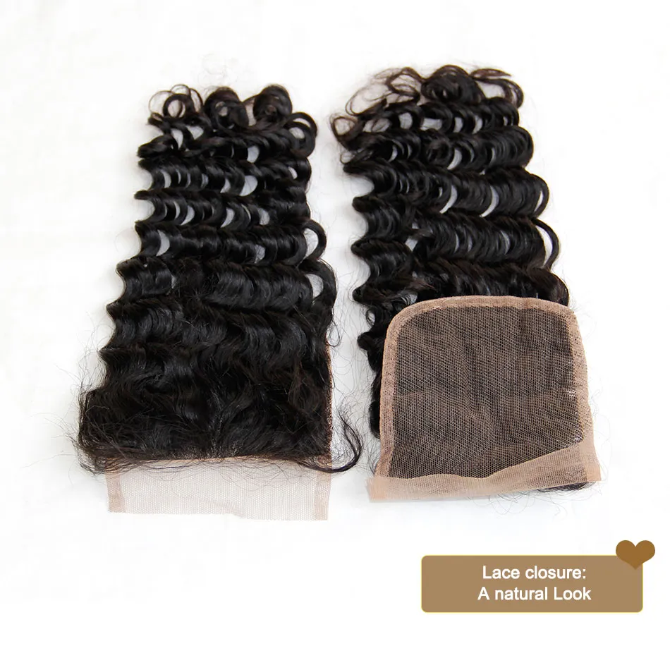 Peruansk djupvåg spetsstängningstorlek 4x4 Middle del Peruansk Deep Curly Lace Top Stängningar Virgin Human Hair Closure Pieces L1914347