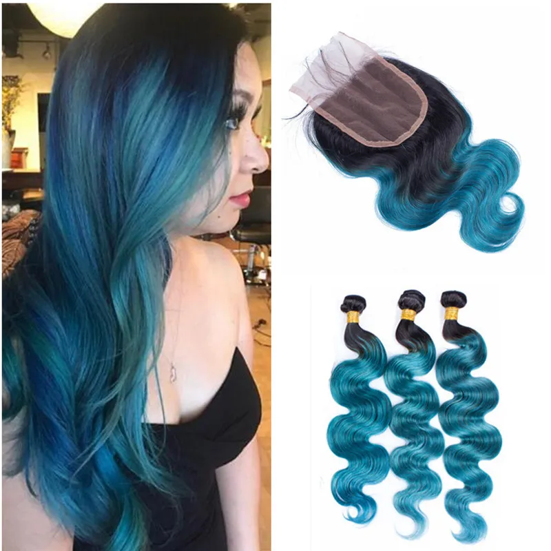 Two Tone 1B Blue Ombre Body Wave Hair Weaves with Top Closure Dark Roots Blue Ombre Free Part Lace Closure with Hair Bundles