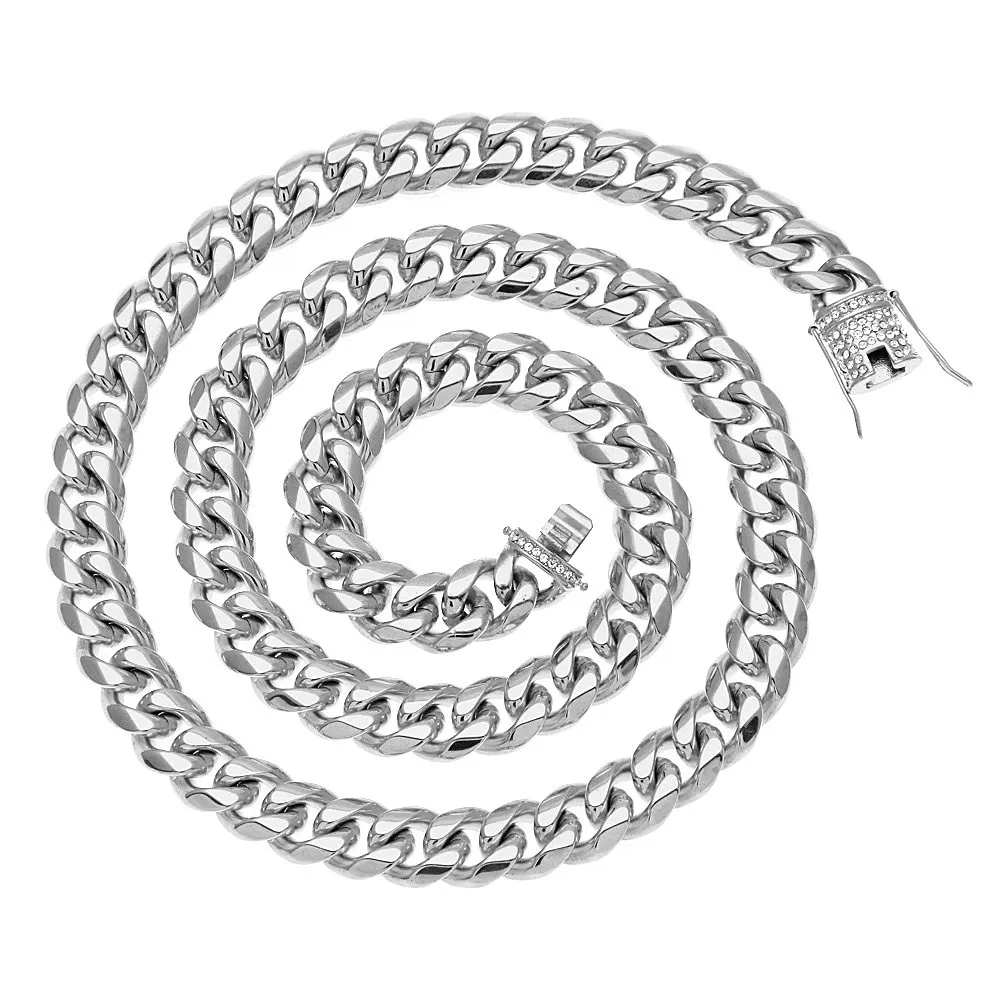 Cadena de acero inoxidable 316L, oro de 18 quilates, cierre de fundición electrochapada, collar de eslabones cubanos con bordillo de diamante, cadenas para hombres, joyería de 24 