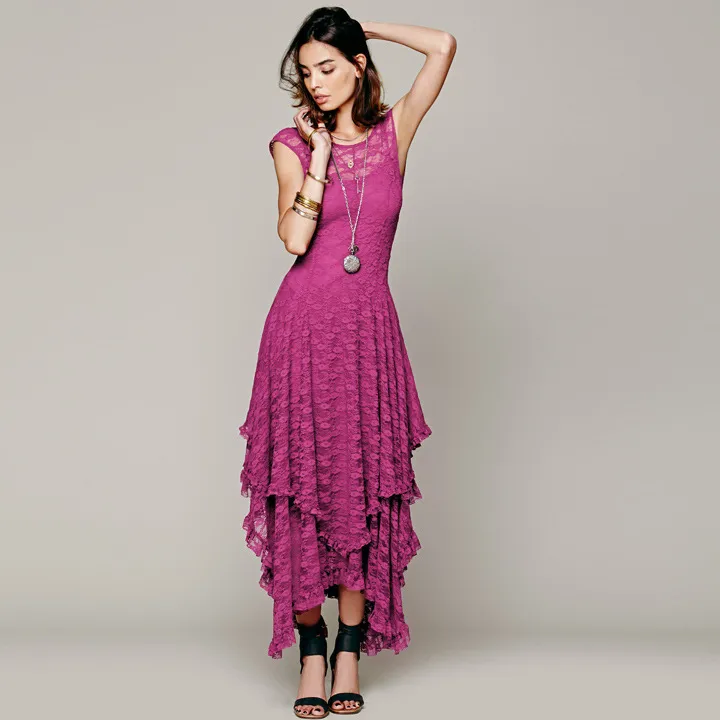 Top Quality Women Boho People Hippie Style Asymmetrical Embroidery Sheer Lace Dress Double Layered Ruffled Trimming Long Dress No Lining