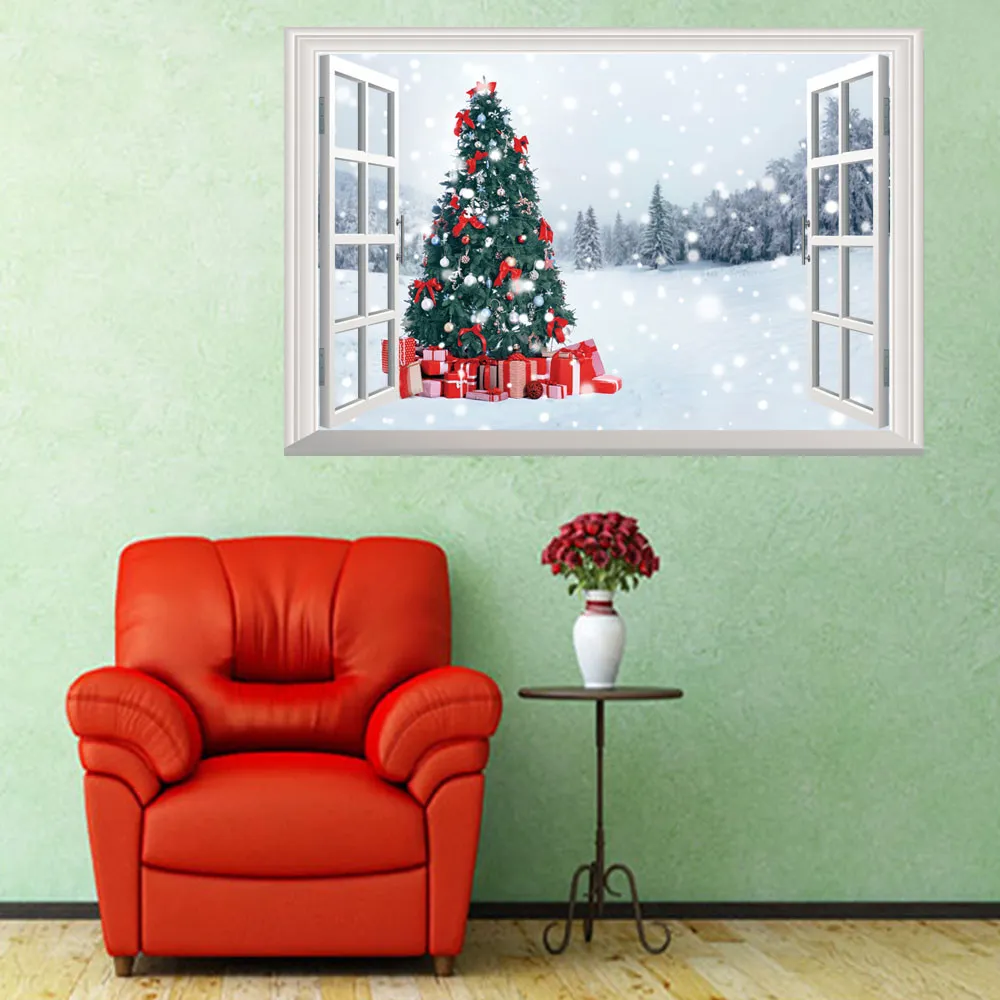 Toptan 1 ADET 72 * 48.5 cm 3D Pencere Noel Dekorasyon Ağacı Duvar Çıkartmaları Su Geçirmez Duvar Kağıdı Ev Dekorasyon