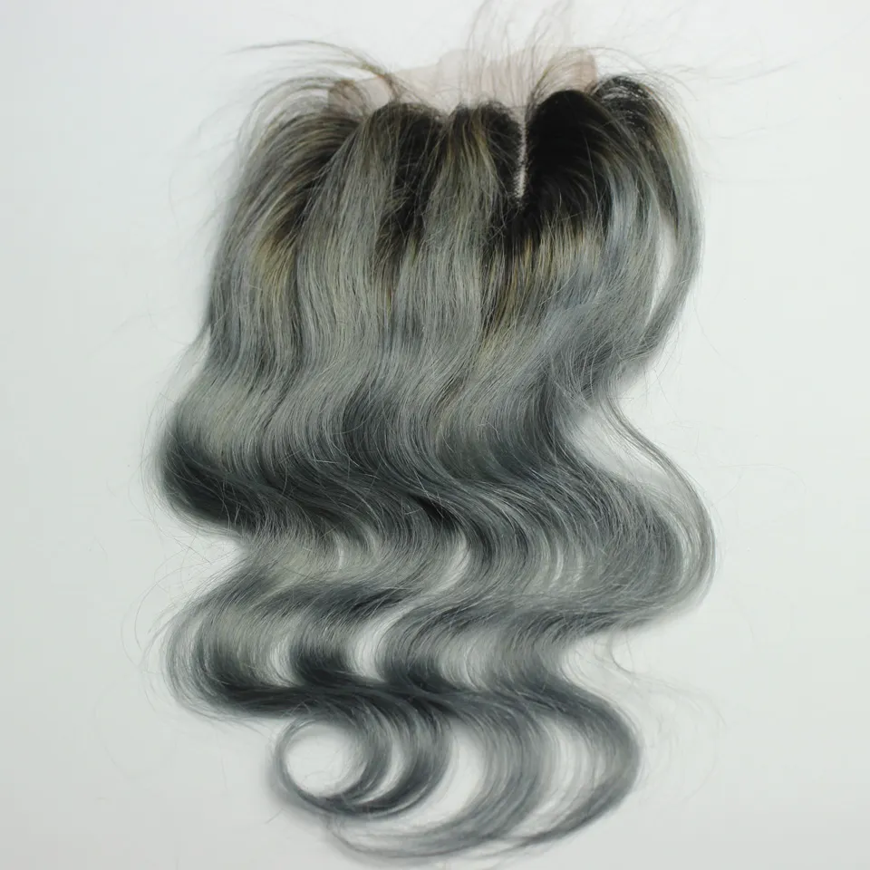 1B grigio scuro 4x4 chiusura in pizzo capelli brasiliani dell'onda del corpo Ombre capelli umani parte centrale libera