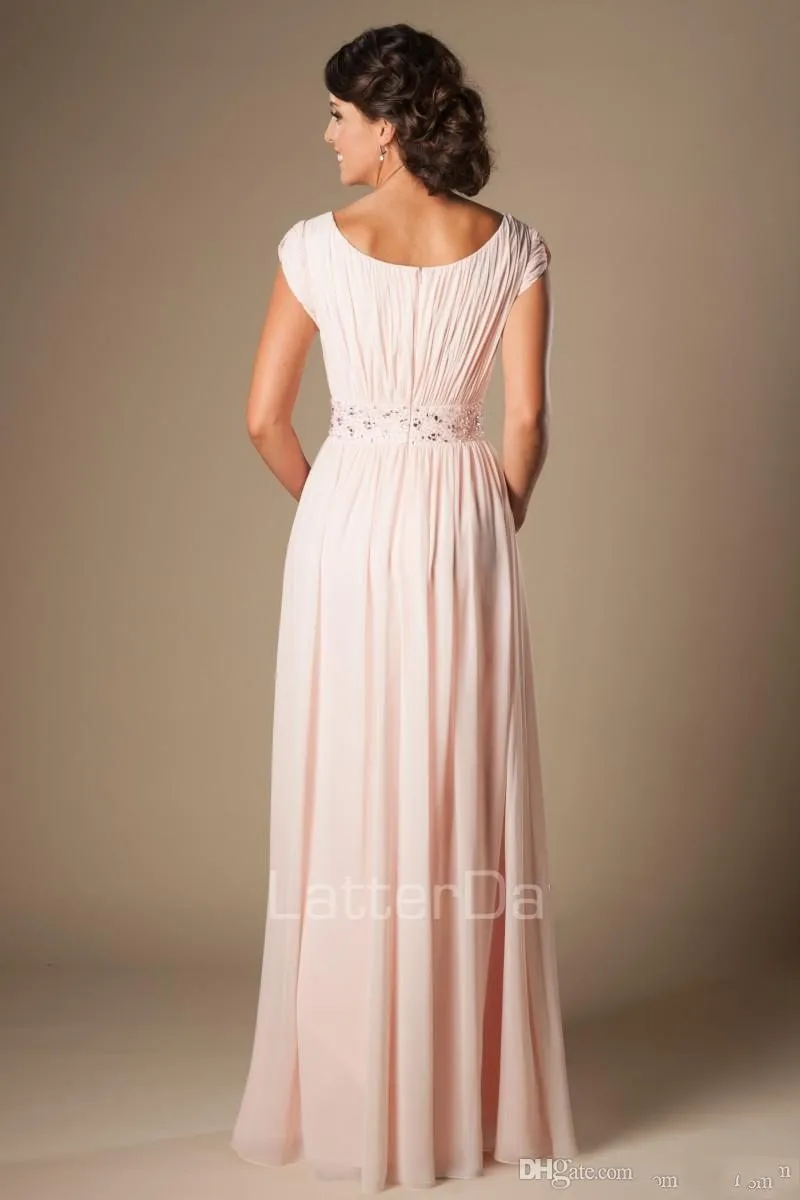 Blushing Pink Long Formal Full Length Modest Chiffon Beach Evening Bridesmaid Dresses With Cap Sleeves Beaded Ruched Bridesmaids Dresses
