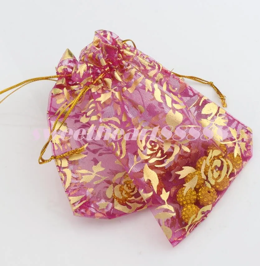 9x12cm Gold Rose Design Organza Smycken Påse Väskor godisväska GB038 Hot Sell