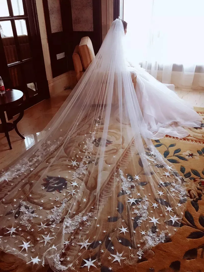 Cathedral Length Long Wedding Veils Bridal Veil Two Layers  Length Star Applique Wedding Veil With Comb