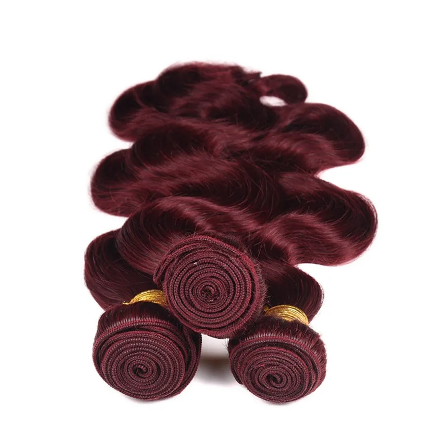 Peruano virgem cabelo humano pacotes 99j com laço frontal vinho vermelho onda do corpo tecer cabelo humano borgonha 3 pacotes com 134 completo fron8920319