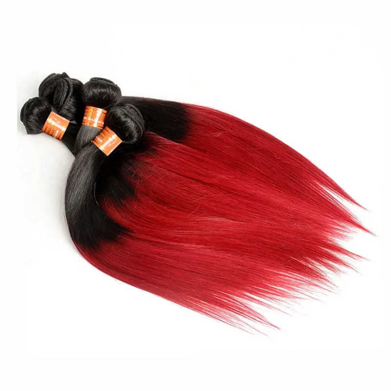 Två tonröd hår 3 buntar Brasilianska Virgin Human Hair Weave 1B Röd Ombre Hair Extension Red Colored Bundles