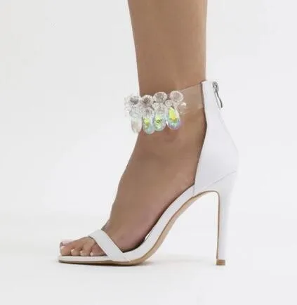 Mode rhinestone clear pvc transparenta sandaler skor kristall fotled wrap lady stiletto sexiga höga klackar pumpar fest klänning skor