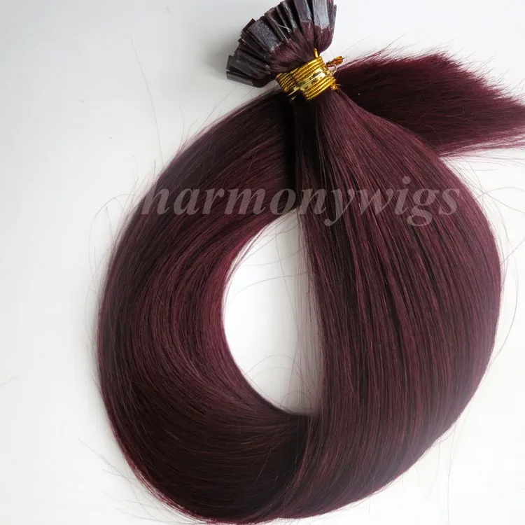 200g 200Strands Pre bonded Flat Tip Hair Extensions 18 20 22 24inch #99J/Red Wine Brazilian Indian Remy Keratin Human Hair