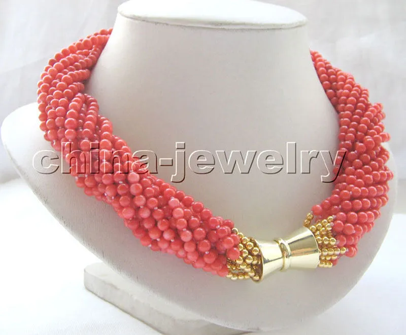 P3659 - 18" 12row 4-5mm orange round coral necklace - GP magnet clasp