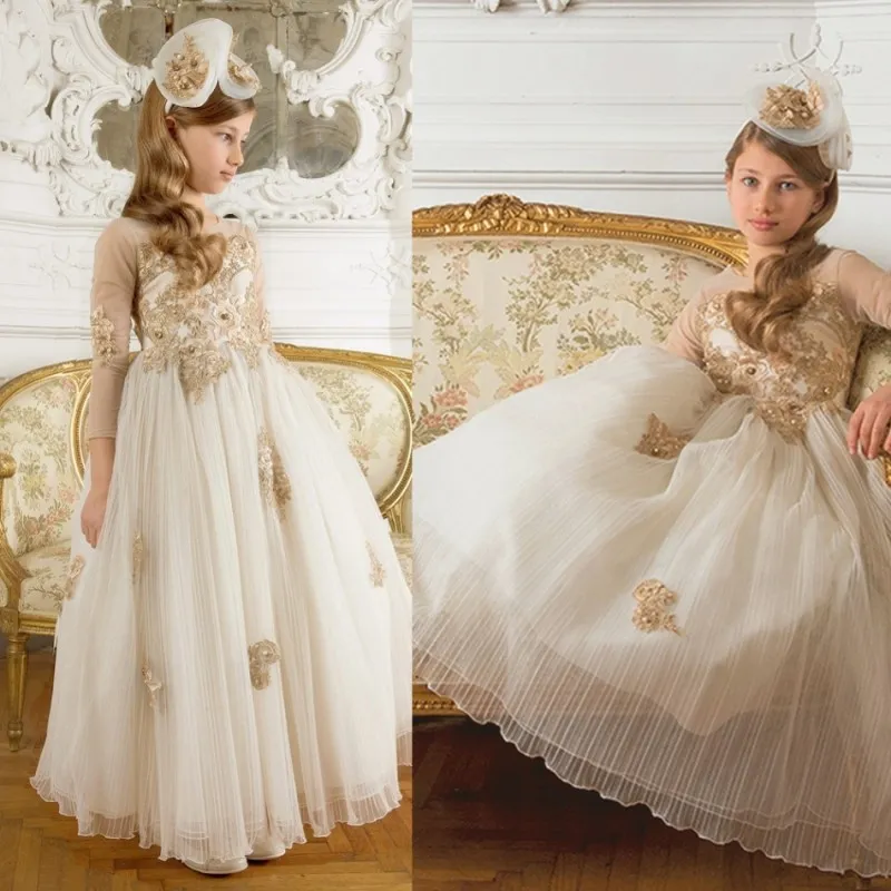 Słodki Klejnot Neck Flower Girl Dresses Specjalne okazje Dla Wesela Długość podłogi 3/4 Z Długim Rękawem Dzieci Pagewne Suknie Aplikacje Sukienka Komuniowa