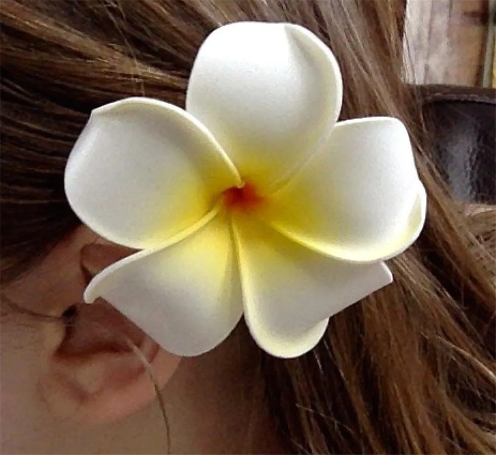 ヘアクリップ-50ピン/ロットヌールヌールヌーフの女の子ハワイアンプルメリア泡の花のヘアピンDIYの帽子のPEフランジパニヘアピンホワイトイエロー
