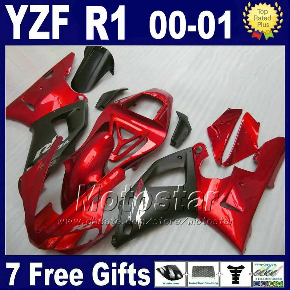 Röda platta svarta fairings för Yamaha YZF R1 00 01 Fairing Kits 2000 2001 YZFR1 YZF1000 A12B Good Quality Parts Kit + 7 Presenter