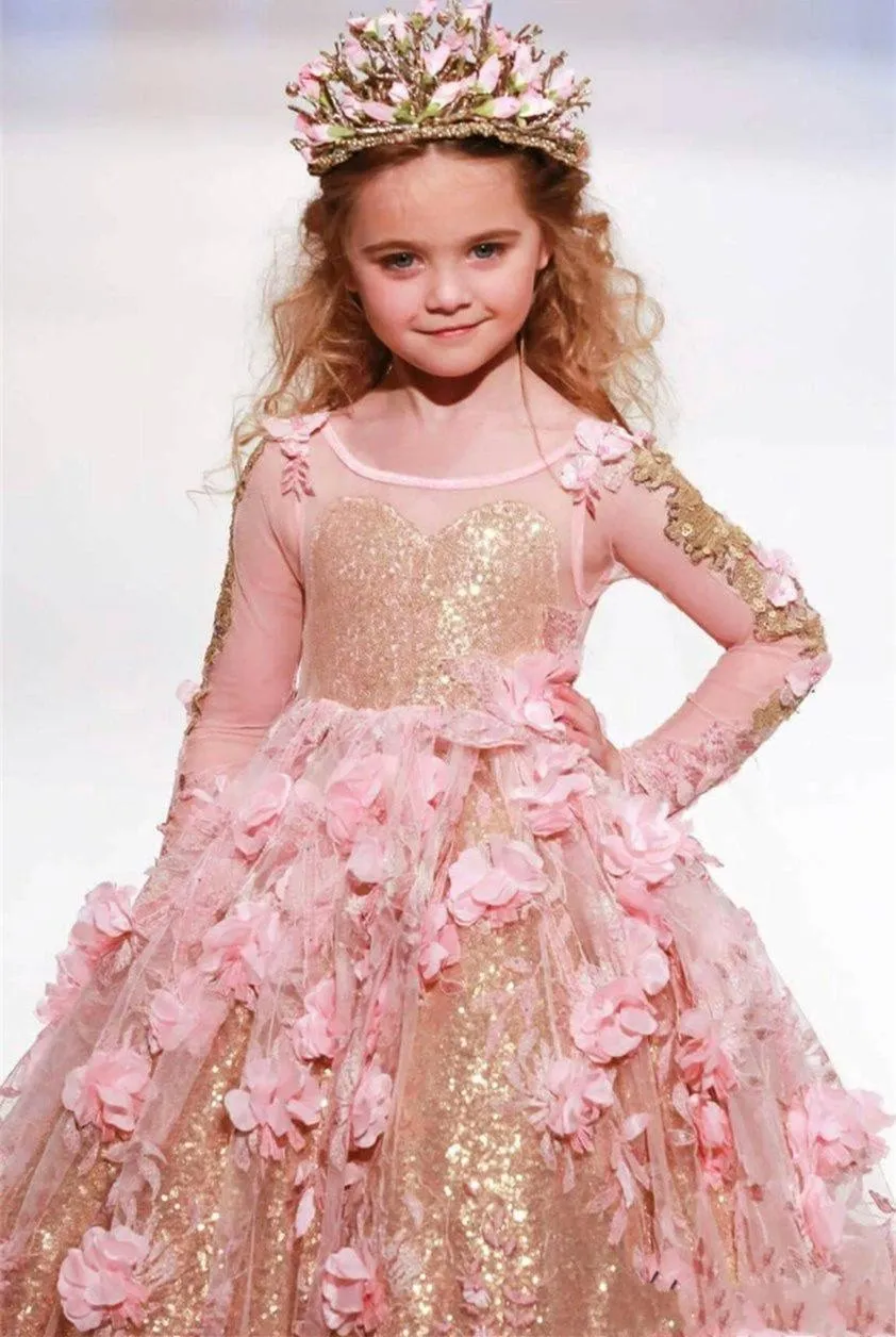 2018 Gold Sequined Ball Gown Girls Pageant Dresses Long Sleeves Toddler Flower Girl Dress Pink Floral 3D Appliques First Communion Gowns