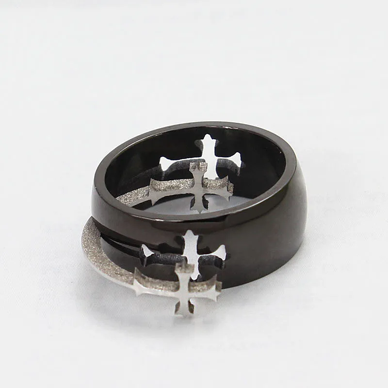 Anillos de moda para hombre y mujer con cruz de plata y acero de titanio, color negro, 8 mm, tamaño 7-14