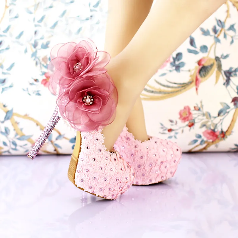 Handmade Pink Lace Wedding Shoes Women Pumps Bridal Dress Prom Shoes Party pumps Beautiful Appliqued Bridesmaid Shoes