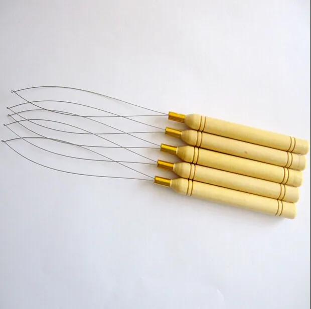 Wholesale-Curve Needle 20pcs/pack Hair Weaving Extension Hook Needle Micro Loop Threader Hair Tools Wooden Handle Stainless Steel C Wire