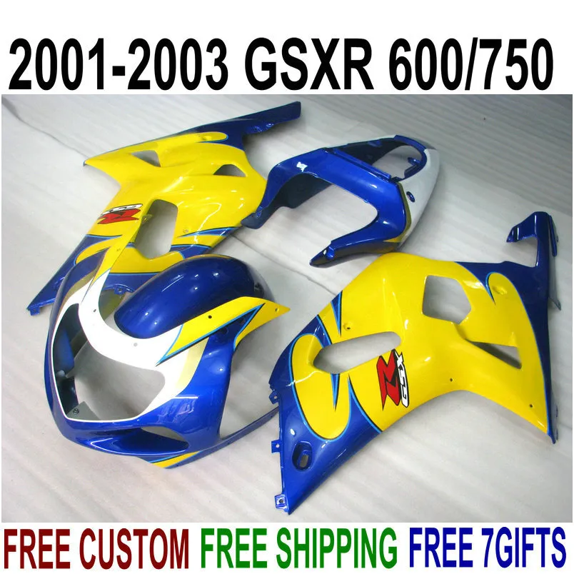ABS Pełny zestaw dochodów do Suzuki GSX-R600 GSX-R750 2001-2003 K1 GSXR 600 750 Blue Yellow Plastic Fairings Set 01-03 Ra29