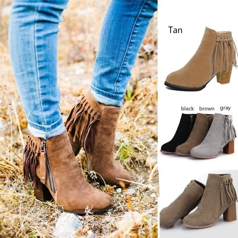 5T Heiße Frauen Mode Quaste Stiefel Chunky Heel Vintage Wildleder Leder Ankle Booties Casual Schuhe Größe Eu 35-40