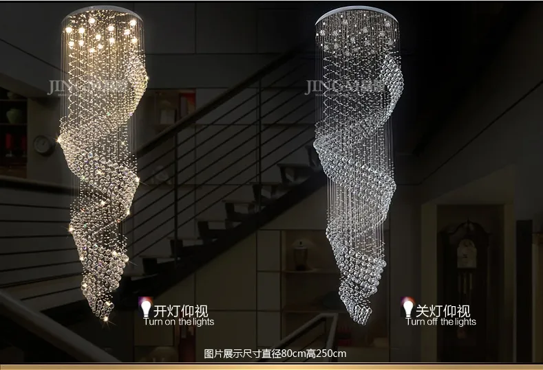 현대 긴 나선형 크리스탈 샹들리에 조명기구 크리스탈 광택, D600mm H2000mm 계단 램프, 계단, 크리스탈 계단 빛