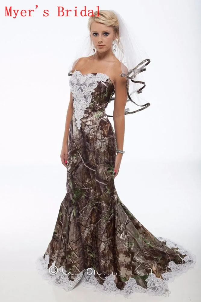 DW Vintage Camo Wedding Dresses And Veils Sweetheart Lace Mermaid Camo