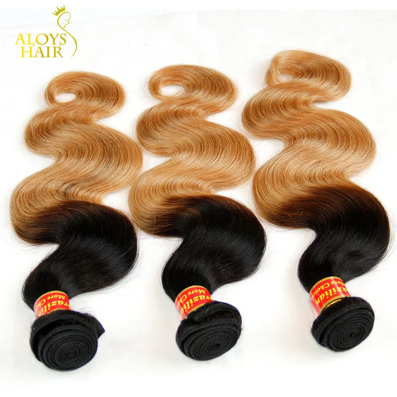 Ombre Hair Extensions Grade 8A Two Tone 1B/27# Honey Blonde Ombre Brazilian Virgin Hair Body Wave Remy Human Hair Weave Bundles 3Pcs