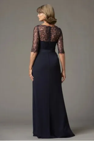 Navy Blue Wedding Party Sheer Crew Neck Half Sleeves Long Mother of the Bride Dress Chiffon and Lace Floor Length A-line Hollow Mum Dresses