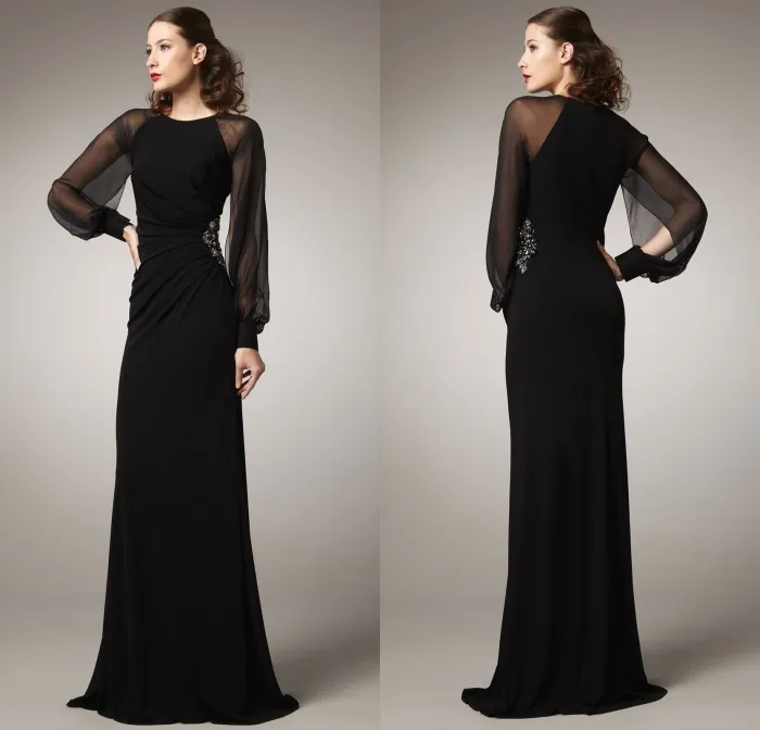 2015 Zuhair Murad vestidos de noche vaina joya Sheer manga larga negro mujeres Vintage vestidos de noche para ocasiones especiales