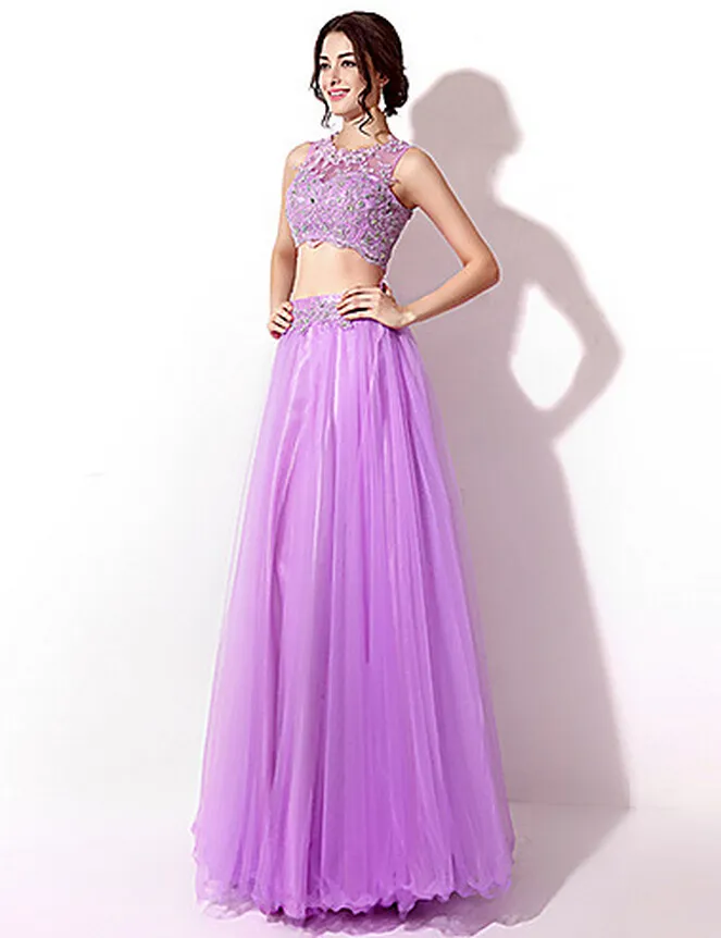 Bridesmaid Dresses Sexy Maid of Honor Bridesmaid Tulle Light Purple Formal Floor-Length Wedding Gowns Sleeveless Party Two Pieces Prom Dress