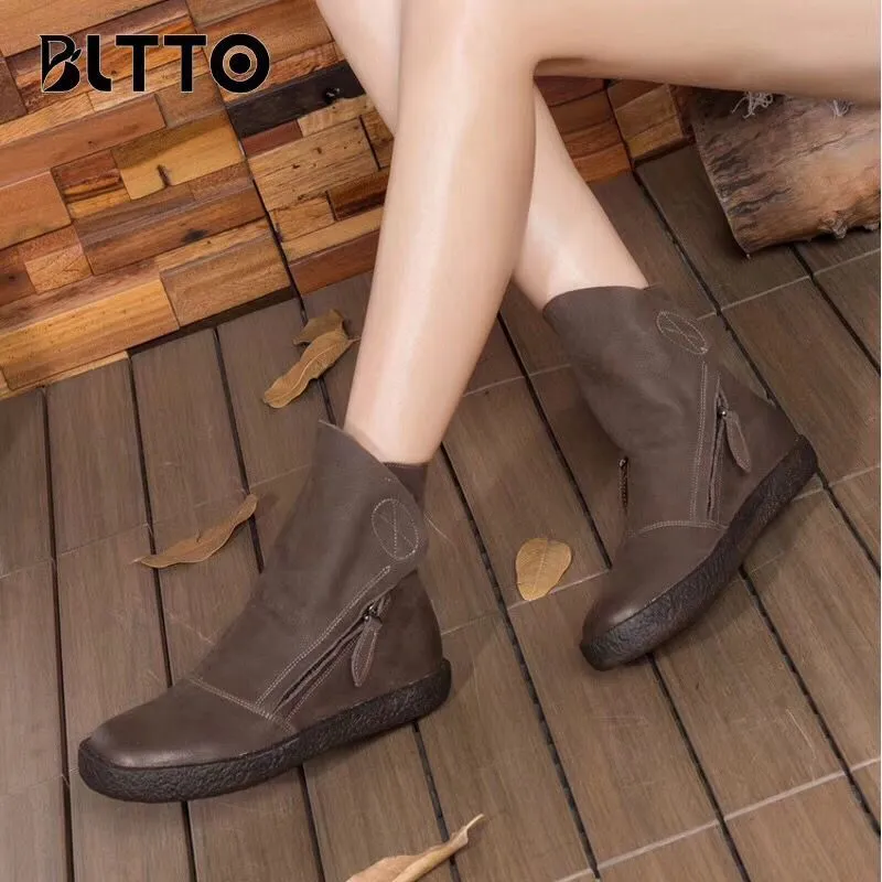 wholesale resell flats genuine leather women boots vintage brown soft leather quality fashion ankle booties size35-40