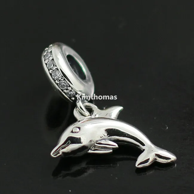 100% 925 Sterling Silver Playful Dolphin Dangle Charm Pead With CZ Passar European Pandora Style Smycken Armband Halsband Hängen
