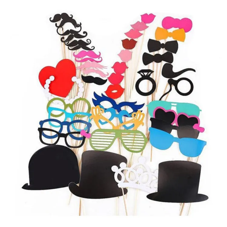 Gratis DHL Foto Props Glasses Mustasch Lip Hold Stick Bröllop Födelsedagsfest DIY Masker Roligt Favorit 1Set 44PCs