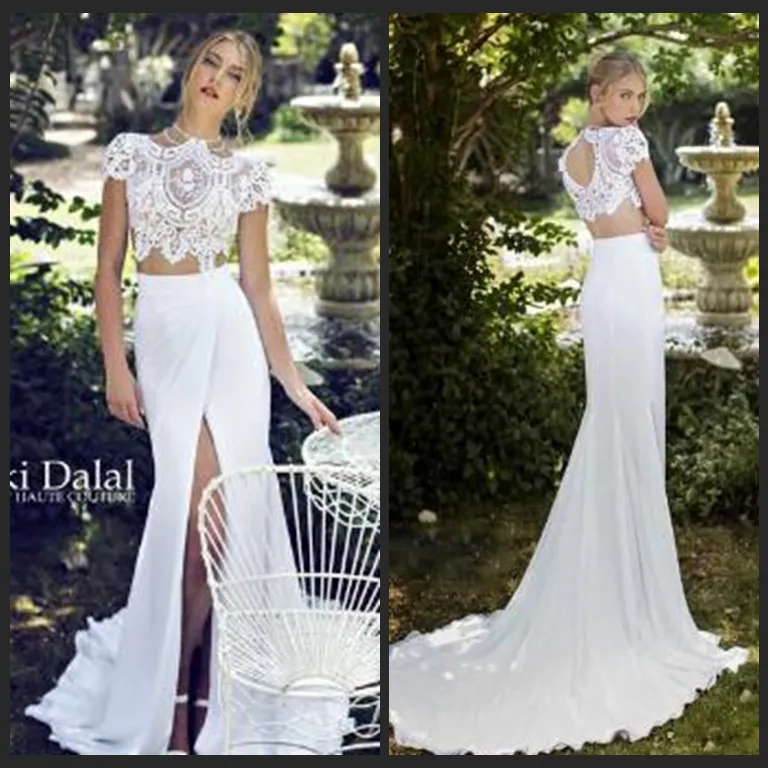 2017 Sommar Chiffong Beach Bröllopsklänningar Mermaid High Neck Lace Bodice Två Piece White Front Slit Backless Bridal Gowns