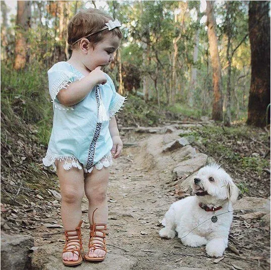 Cute Baby Girl Rompers 2018 Newborn Baby Clothing Girls Light Blue Tassel Jumpsuit Romper Outfits Toddler Girls Clothes Sunsuit 0-24M