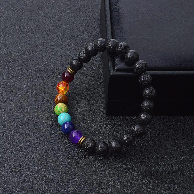 Novas pulseiras de pedra natural de lava negra 7 contas de Reiki Chakra pulseira difusora de óleo essencial para homens e mulheres joias