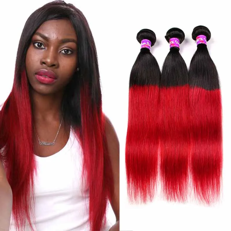 Brazilian Ombre Straight Human Hair 3 Bundles Colored Brazilian 1B/Red Hair Weave Cheap Two Tone Brazilian Red Virgin Hair Deals