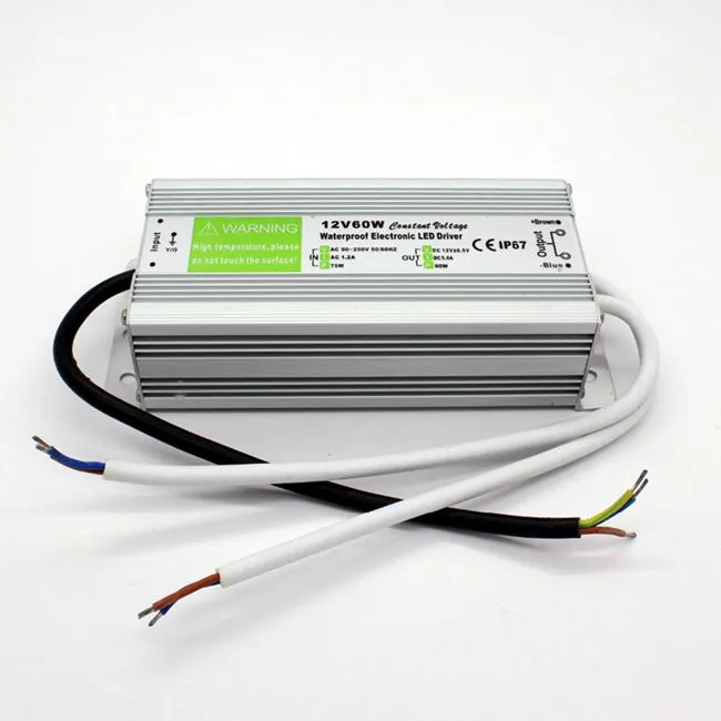 60W Waterproof Outdoor LED Power Supply Driver 90-267V AC to 12V 24V DC Transformer IP67 for LED Module and Strip