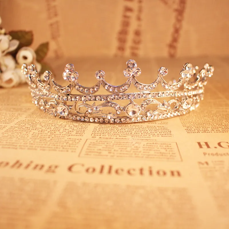 Tiaras de corona nupcial de cristal transparente plateado para novias, corona real grande, cabeza de corona de plata, tiaras de imitación, joyería, cristales de diamantes de imitación