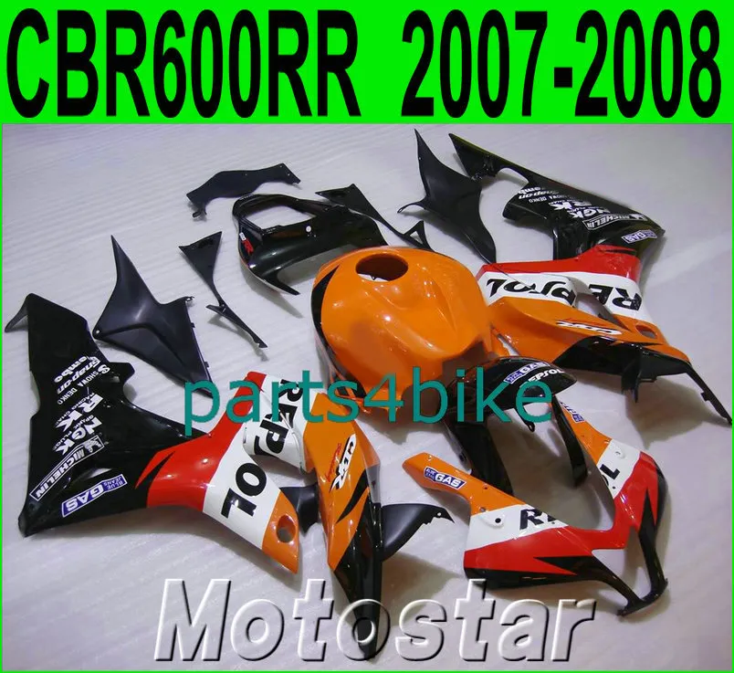 Injektionsgjutning Motorcykeldelar till Honda Fairings CBR600RR 2007 2008 Svart Orange Repsol Custom Fairing Kit CBR 600RR F5 07 08 LY32