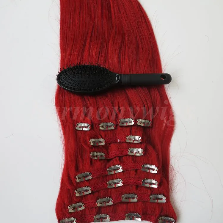 160g 20 22 polegadas Clipe em Extensões Do Cabelo Brasileiro cabelo Remy cor vermelha Em Linha Reta Tece 10 pçs / set livre pente