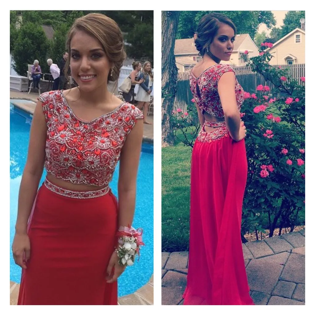 New Red Jersey with Beaded Mermaid Prom Party Dress 2 Pieces Formal Dress Dresses Party Evening