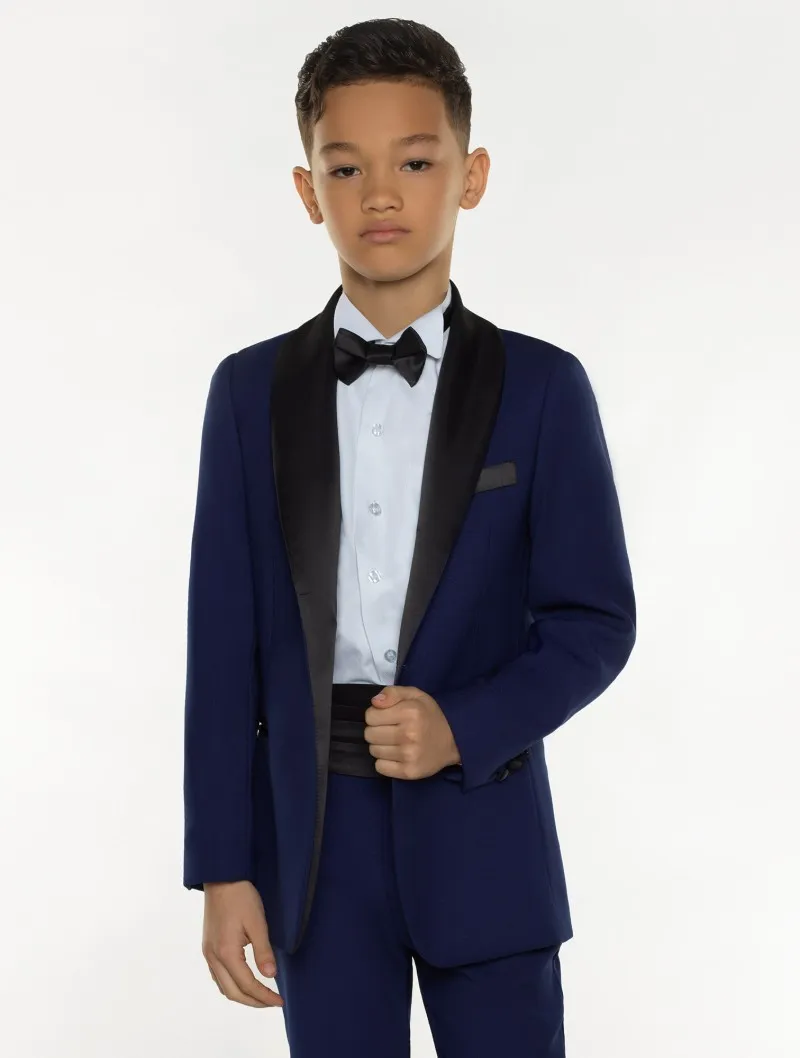 Knappe drie stukken jongenspakken met jas + vest + broek polyester hoge kwaliteit gentleman marine blauwe stijl kinderen smoking suits pakken