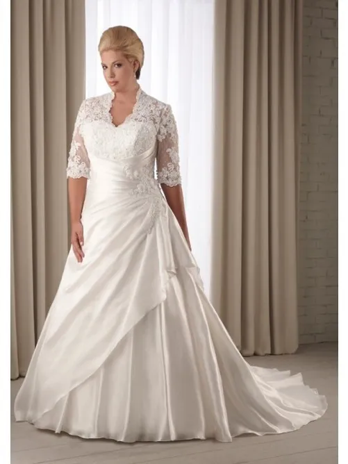 Vintage Style A Line V-neck Plus Size Wedding Dresses With Half Sleeve Chapel Train Appliques Low Price Wedding Bridal Gowns 2015