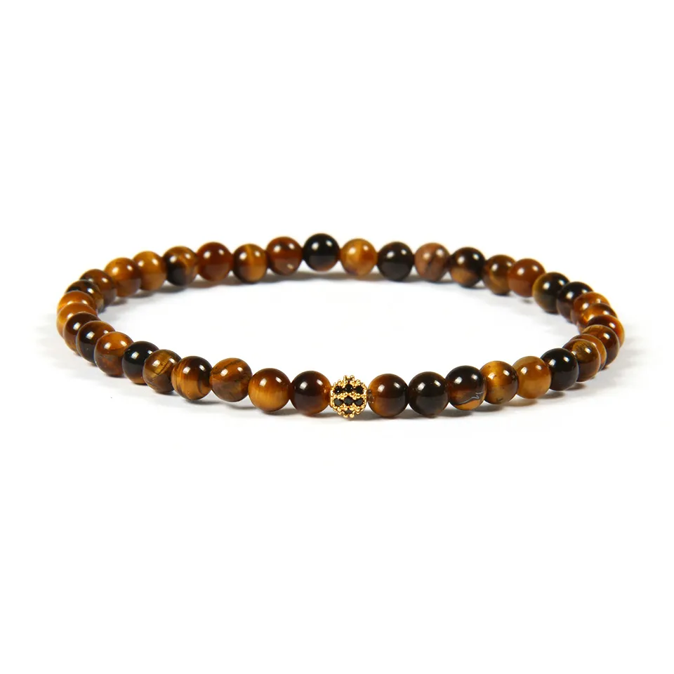 Hurtownie 10 sztuk / partia New Arrival 4mm Tiger Eye Kamienne Koraliki z Micro Better Black CZ Ball Zroszony Bransoletka na prezent