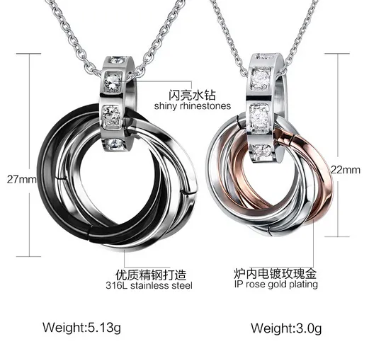New Design Sweet Lovers' Couple Black Rose Gold Stainless Steel Round Ring Style Necklace Pendant Sparking Crystals CZ Women Men