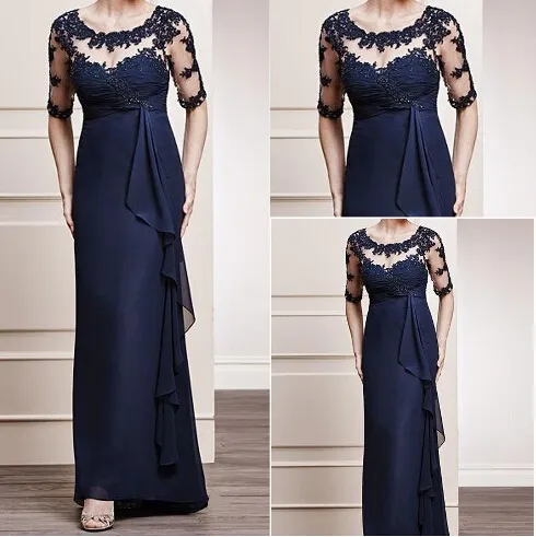 Nouveau Manches 1/2 Mère de la mariée Décolleté illusion Sheer Transparent Side Draped Dark Navy Chiffon Floor-length