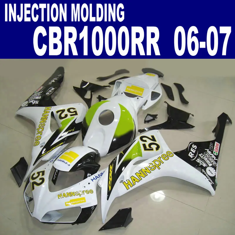 Injektionsgjutning Högkvalitativ fairingkit för Honda CBR1000RR 06 07 CBR1000 RR 2006 2007 Green White Hannspree Fairings Set VV40